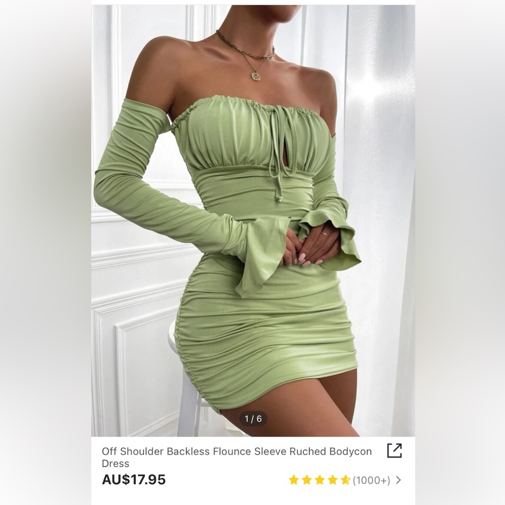 Off Shoulder Backless Flounce Sleeve Ruched Bodycon Dress